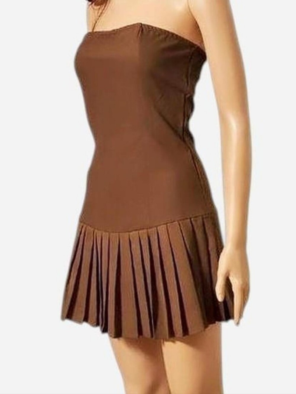 PrettyLittleThing Strapless Brown Pleated Dress Size 4 - Picture 4 of 7